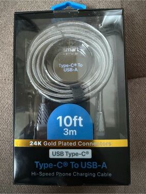 Hi-Speed Phone Charging Cable Type-C to USB-A 10ft Silver Braided New